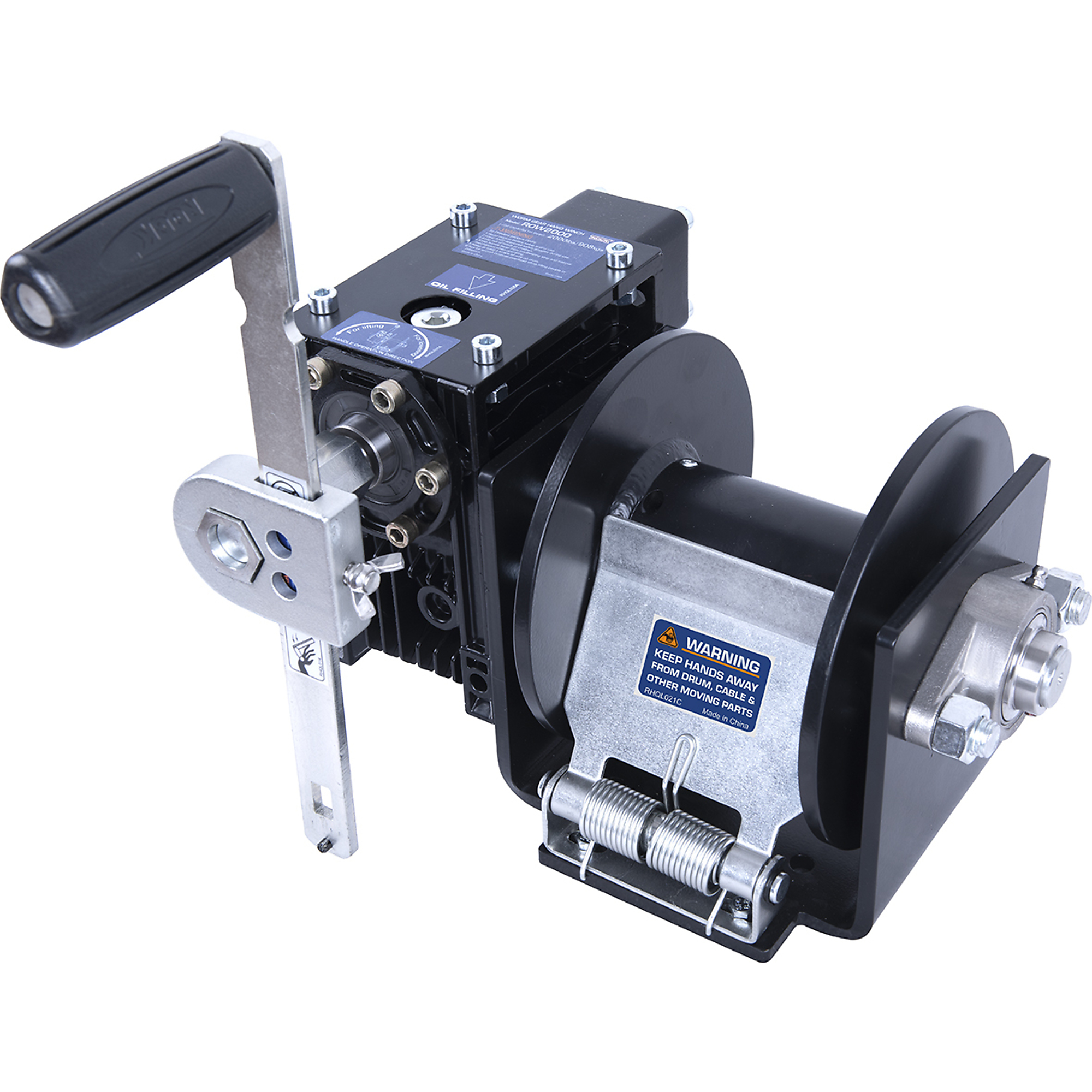 Endurance Marine Model No. ROW2000-04A Bare Drum, pulling capacity 2,000 lbs. Adjustable handle. Bare Drum, drum dia.80mm. Flange dia.190mm. Stainless Steel bearing seat, color: black